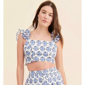 Yumi Kim Gogo 100% Cotton Ruffle Crop Top Floral Sleeveless Cropped Tank Tie EUC